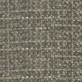 Gray woven fabric sample with heathered texture, beige, olive, and gold tones, dense tweed-like structure, irregular nubby surface.